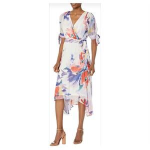 DKNY Floral Asymmetrical White Tie Sleeve V-Neck Faux Wrap Belted Midi Dress 12